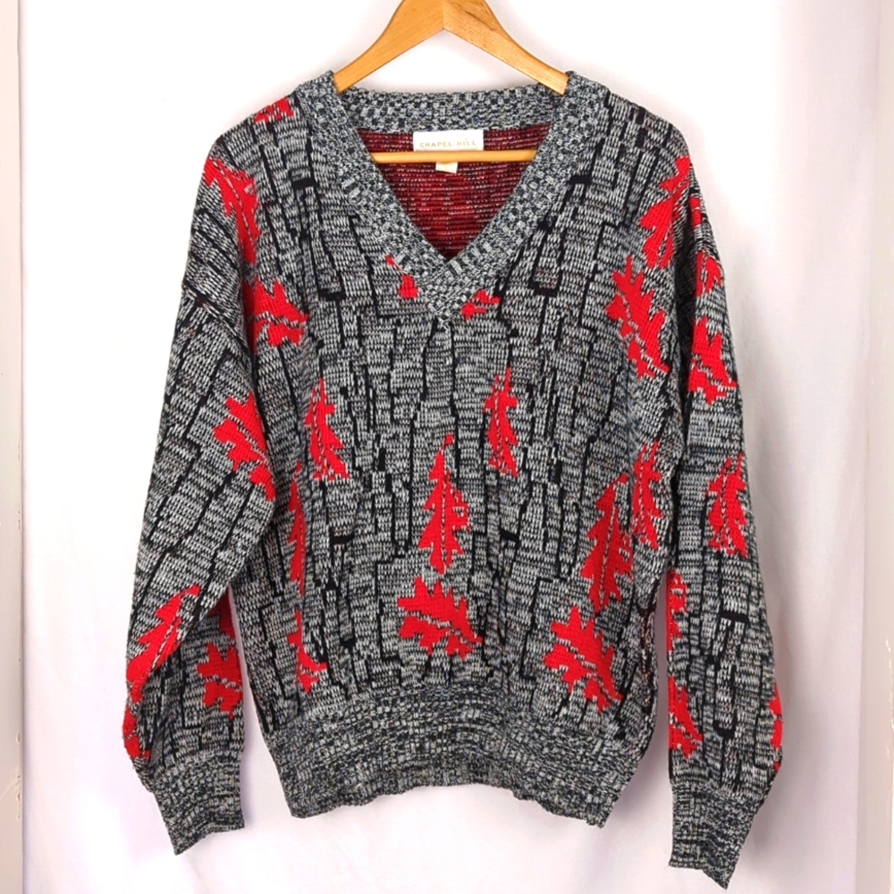 CHAPEL HILL Women's Oversized Gray Red Chunky Knit Sweater